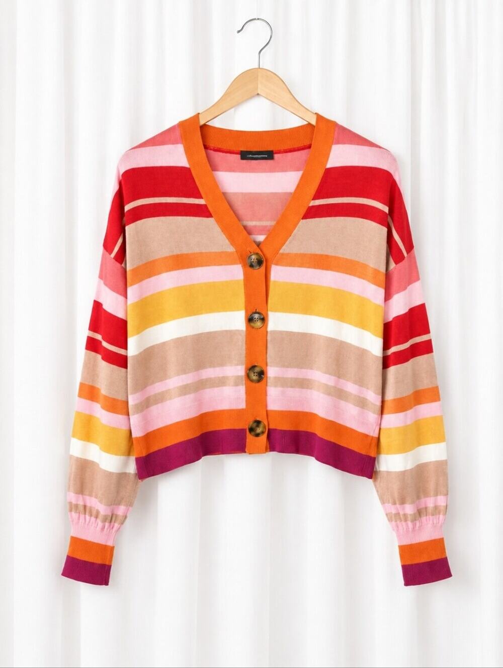 Ann Taylor Vibrant Sunset Stripes V-Neck Colorblock Cropped Cardigan Sweater